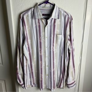 Tommy Bahama Burgundy Multicolored Floral Striped Long Sleeve Shirt Men's Size L